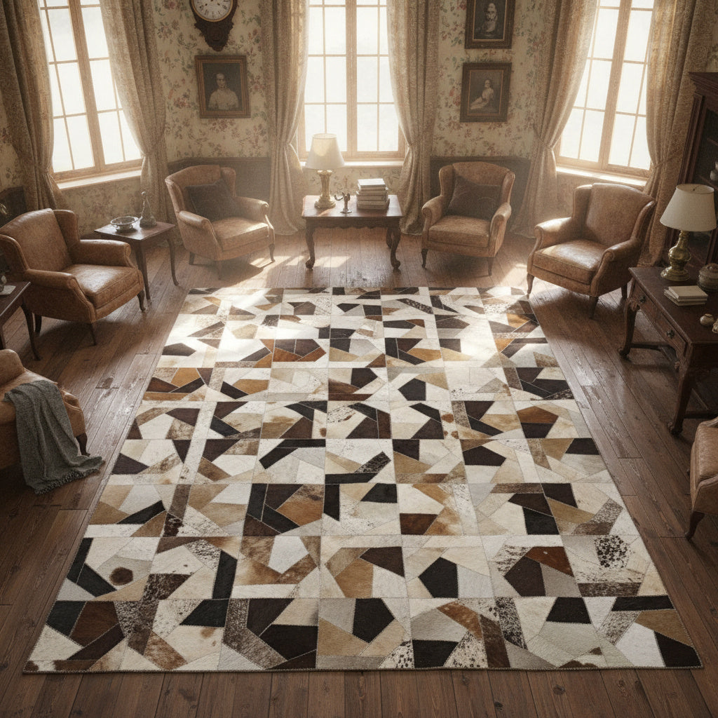 Genuine Tricolor Patchwork Cowhide Area Rug bovelo