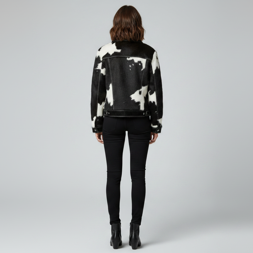Womens Cowhide Leather Panda Print Jacket