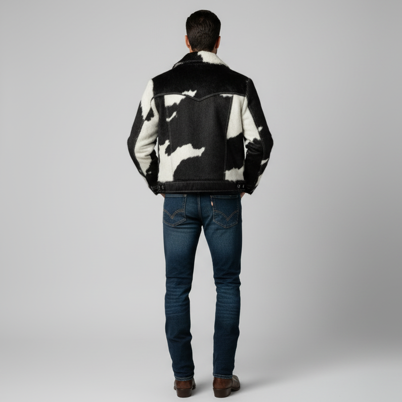 Mens Cowhide Leather Panda Print Jacket