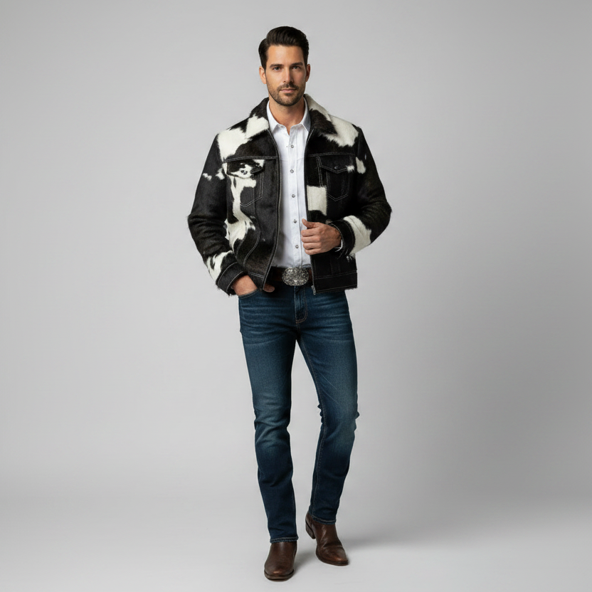 Mens Cowhide Leather Panda Print Jacket