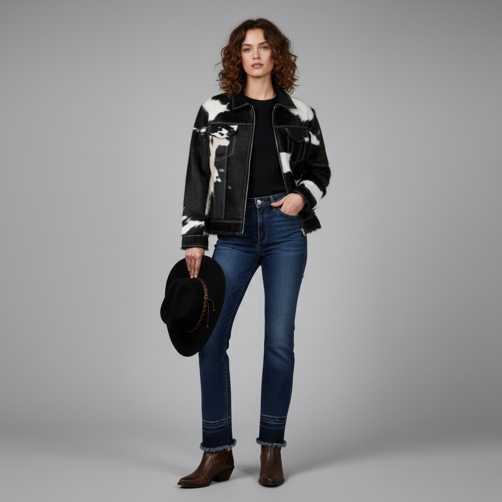 Womens Cowhide Leather Panda Print Jacket