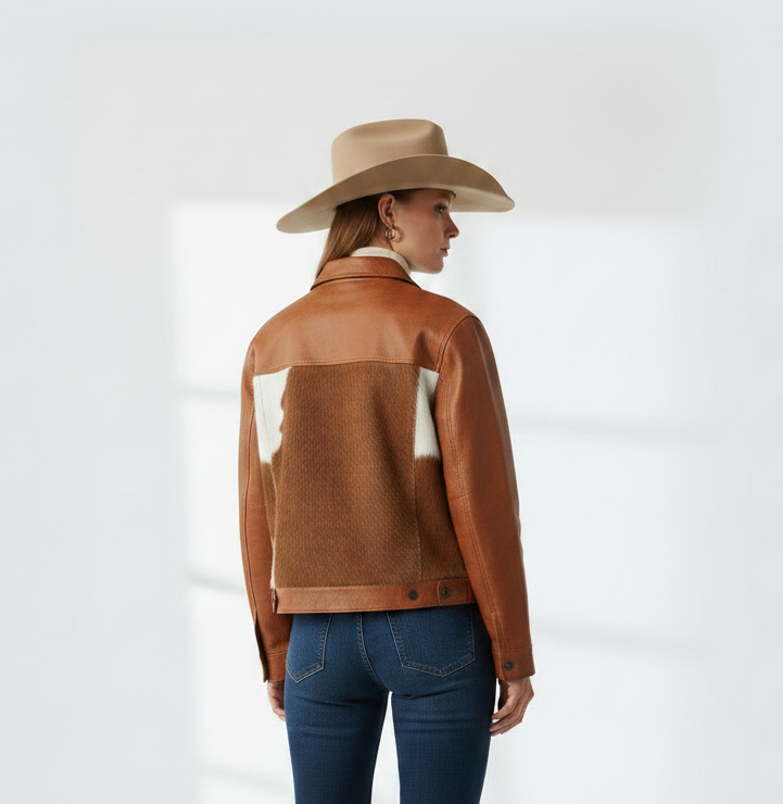 Cowhide - Leather Trucker Jacket Western Cowboy Style Jacket