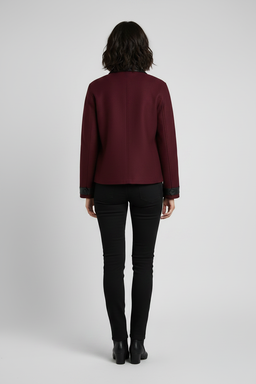 Unisex Redwine Wool Jacket - Coat Leather Collar Jacket