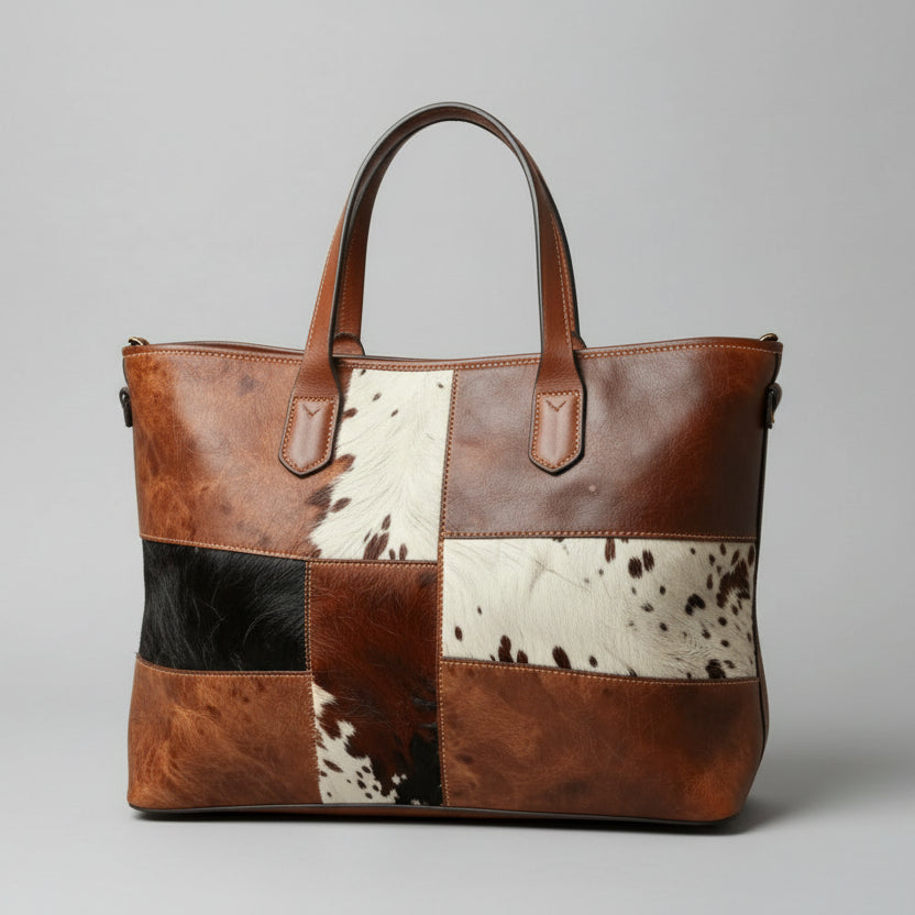 Cowhide Leather Patchwork Tote Bag Tricolor Hair On Handbag for Womens