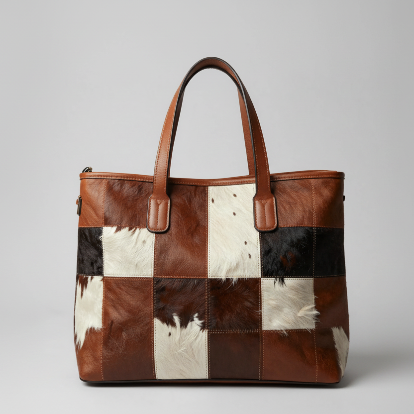 Cowhide Leather Patchwork Tote Bag Tricolor Hair On Leather Handbag for Womens