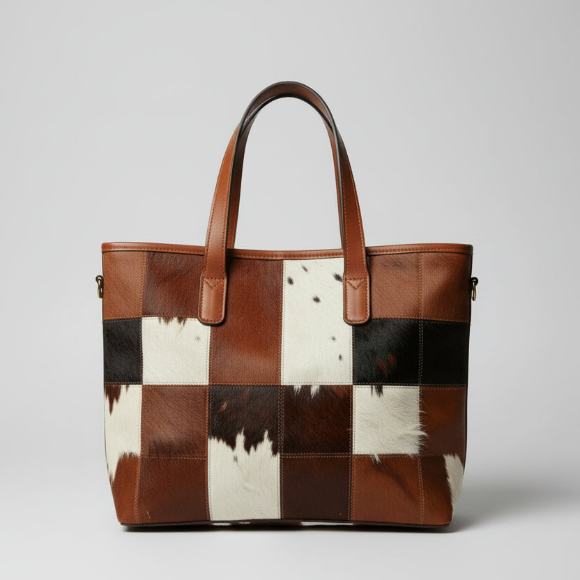 Cowhide Leather Patchwork Tote Bag Tricolor Hair On Leather Handbag for Womens