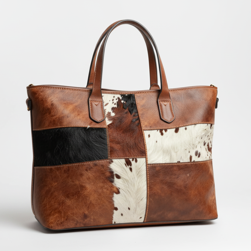 Cowhide Leather Patchwork Tote Bag Tricolor Hair On Handbag for Womens