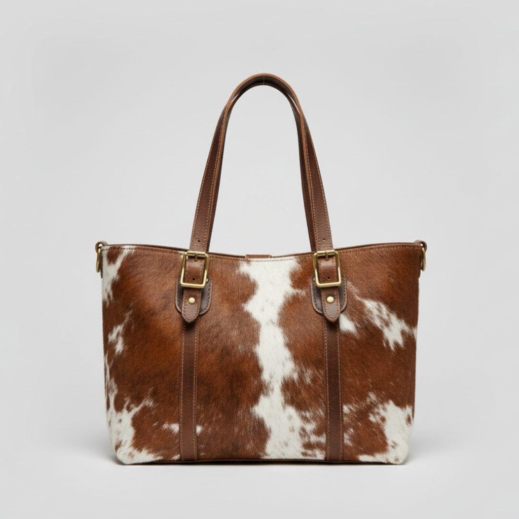 Luxury Cowhide Leather Tote Bag Brown & White Hair On Leather Handbag for Womens
