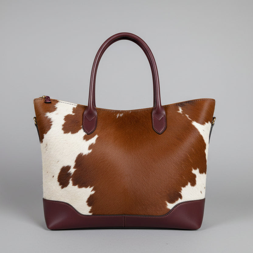 Cowhide Leather Tote Bag Brown & White Hair On Leather Handbag for Womens