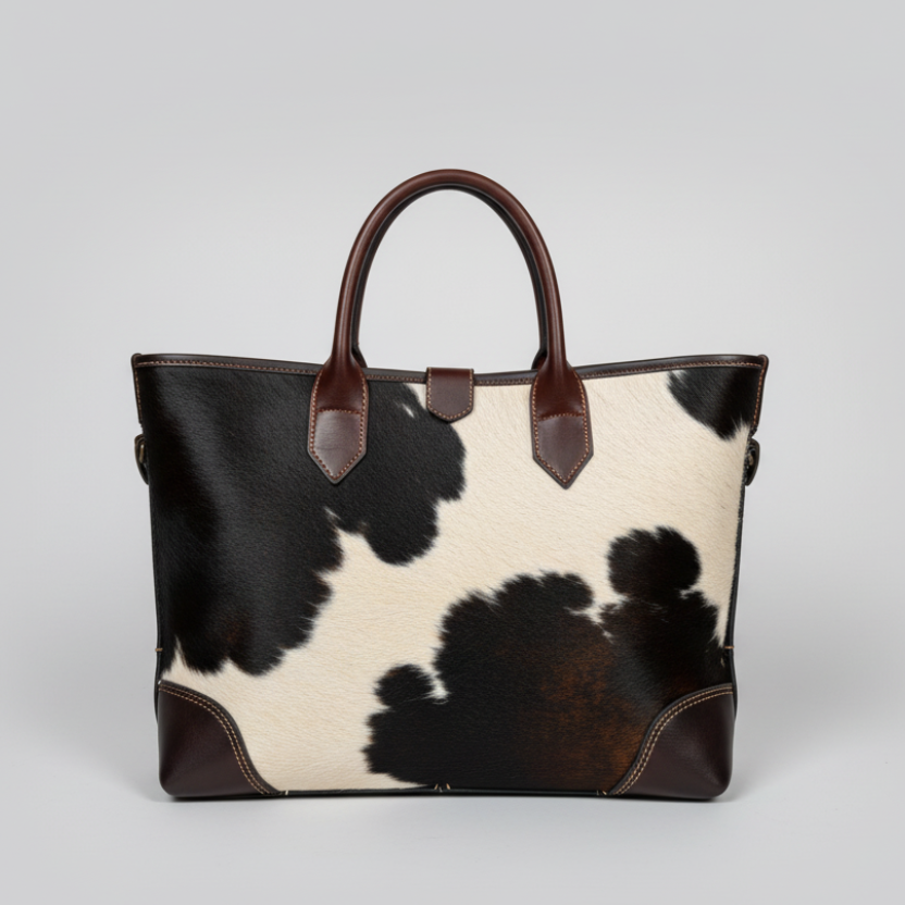 Cowhide Leather Tote Bag Black & White Hair On Hide Handbag for Womens
