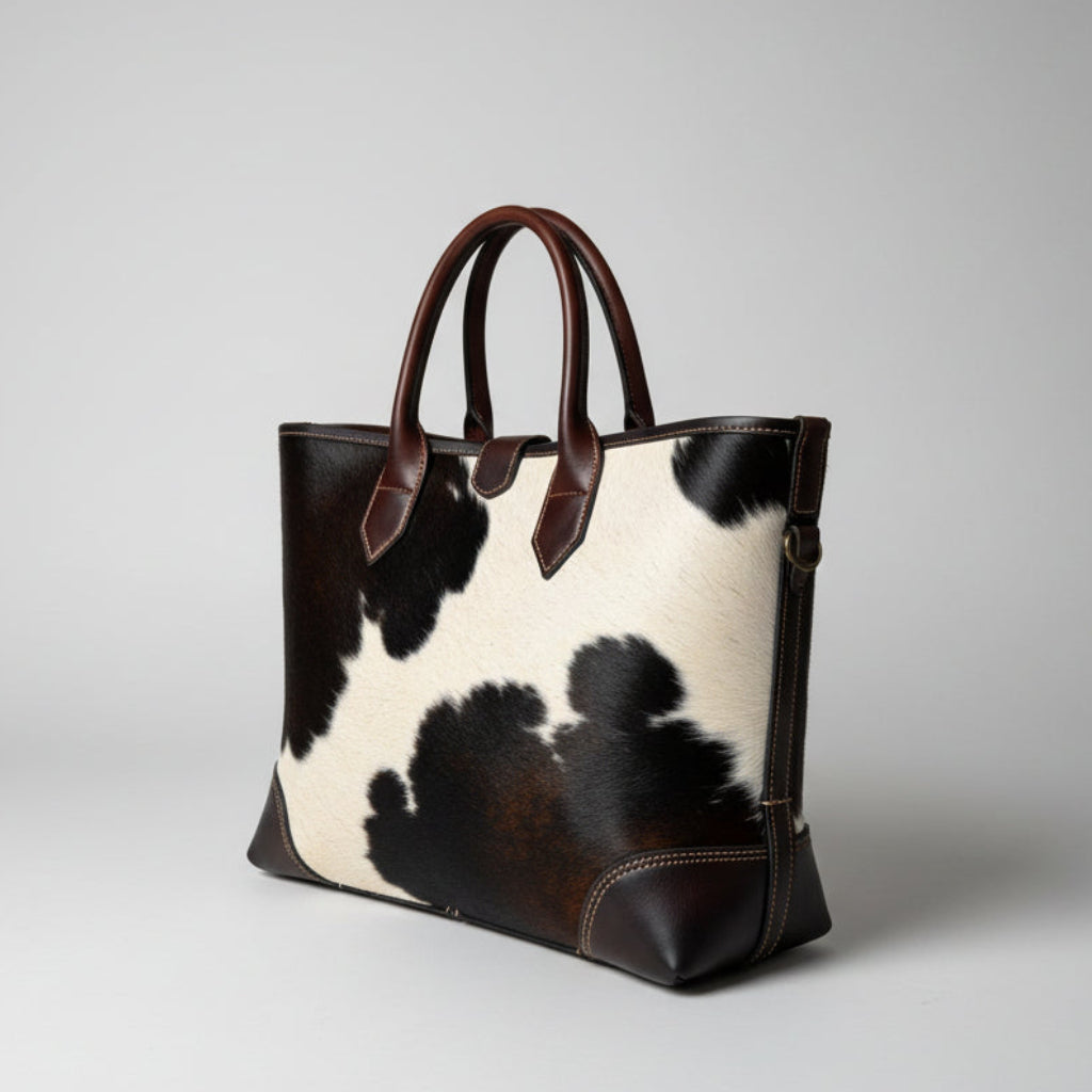 Cowhide Leather Tote Bag Black & White Hair On Hide Handbag for Womens