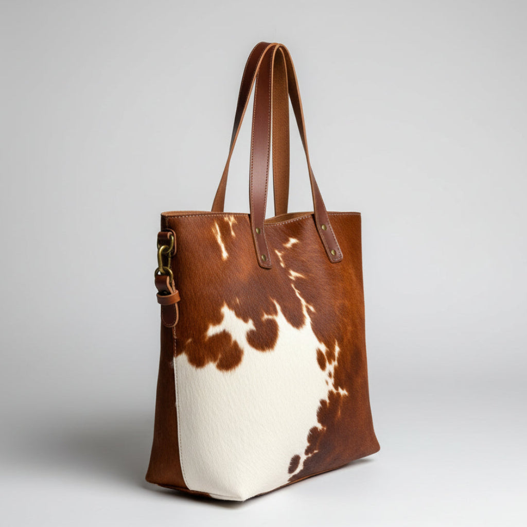 Luxury Cowhide Leather Tote Bag Brown & White Hair On Leather Handbag for Womens
