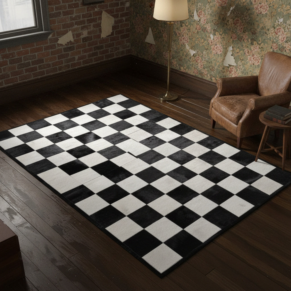 Cowhide Black & White Checkered Area Rug