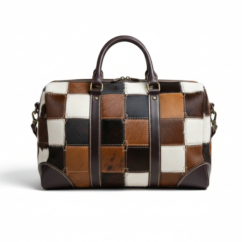 Cowhide Patchwork Duffle Bag – Rustic Luxury
