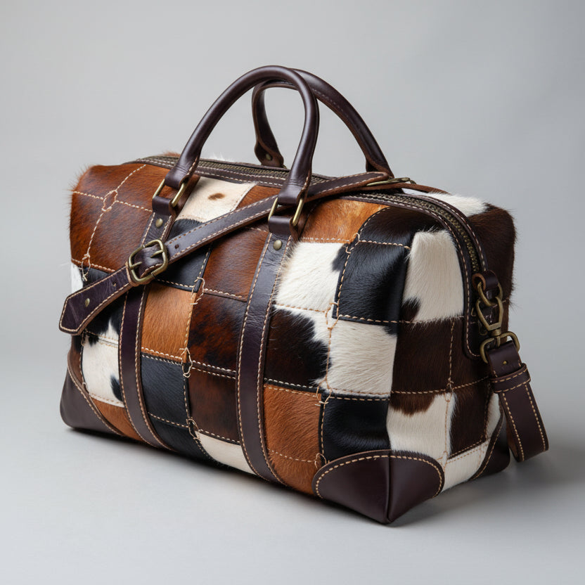 Cowhide Patchwork Duffle Bag – Rustic Luxury