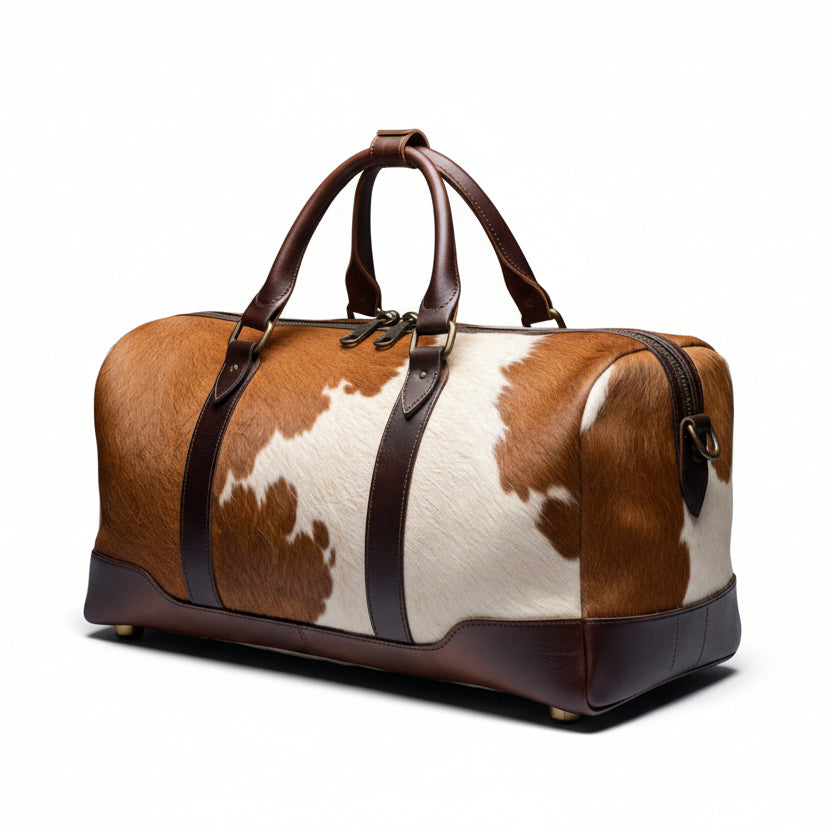 Cowhide Brown & White Hair on Duffle Bag – Rustic Luxury