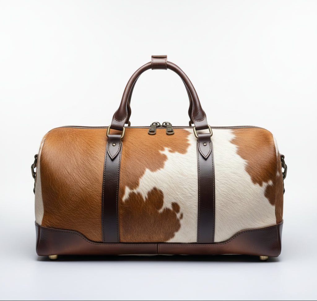 Cowhide Brown & White Hair on Duffle Bag – Rustic Luxury