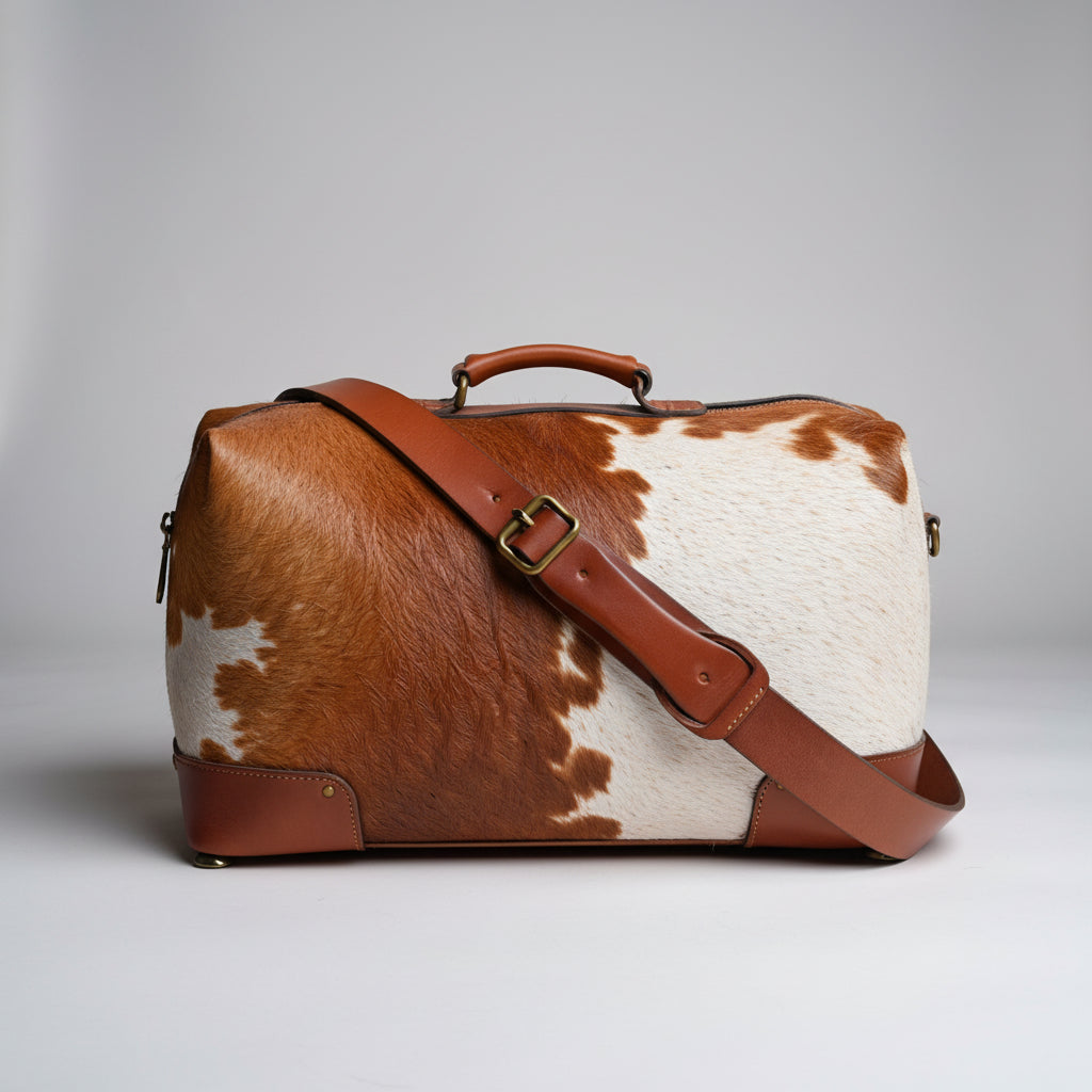 Cowhide Brown & White Overnight Leather Duffle Bag – Rustic Luxury
