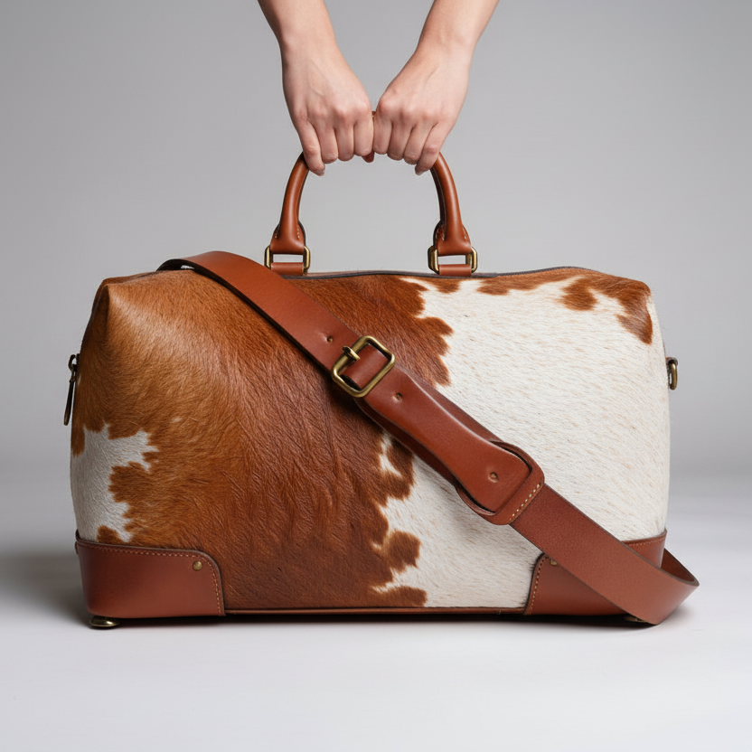 Cowhide Reisetasche Braun & Weiß – Rustikaler Luxus aus Leder