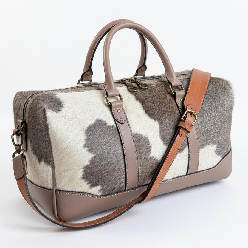 Cowhide Grey & White Overnight Leather Duffle Bag – Rustic Luxury