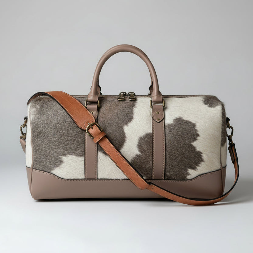 bovelloo grey and white cowhide overnight duffle bag