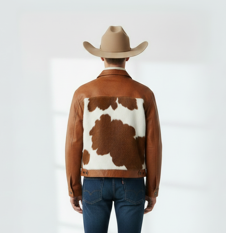 A man viewed from behind wearing a brown leather jacket with a brown and white cowhide patch on the back, a tan cowboy hat, and blue jeans against a bright white studio background.