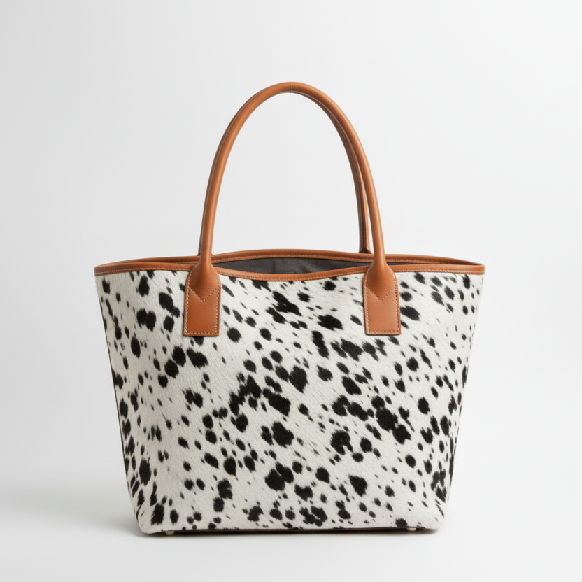 Luxury Cowhide Leather Tote Bag Black & White Salt Hair On Leather Handbag for Womens