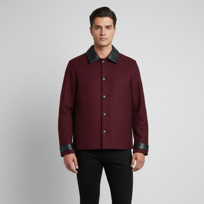 A man modeling a burgundy wool-blend jacket with black leather trim on the collar, cuffs, and front buttons, paired with black pants and black boots, against a light gray studio background.