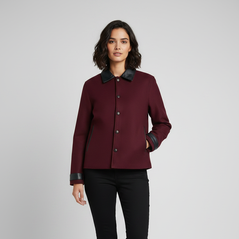 A woman modeling a structured burgundy jacket with contrasting black collar and cuff trim, 